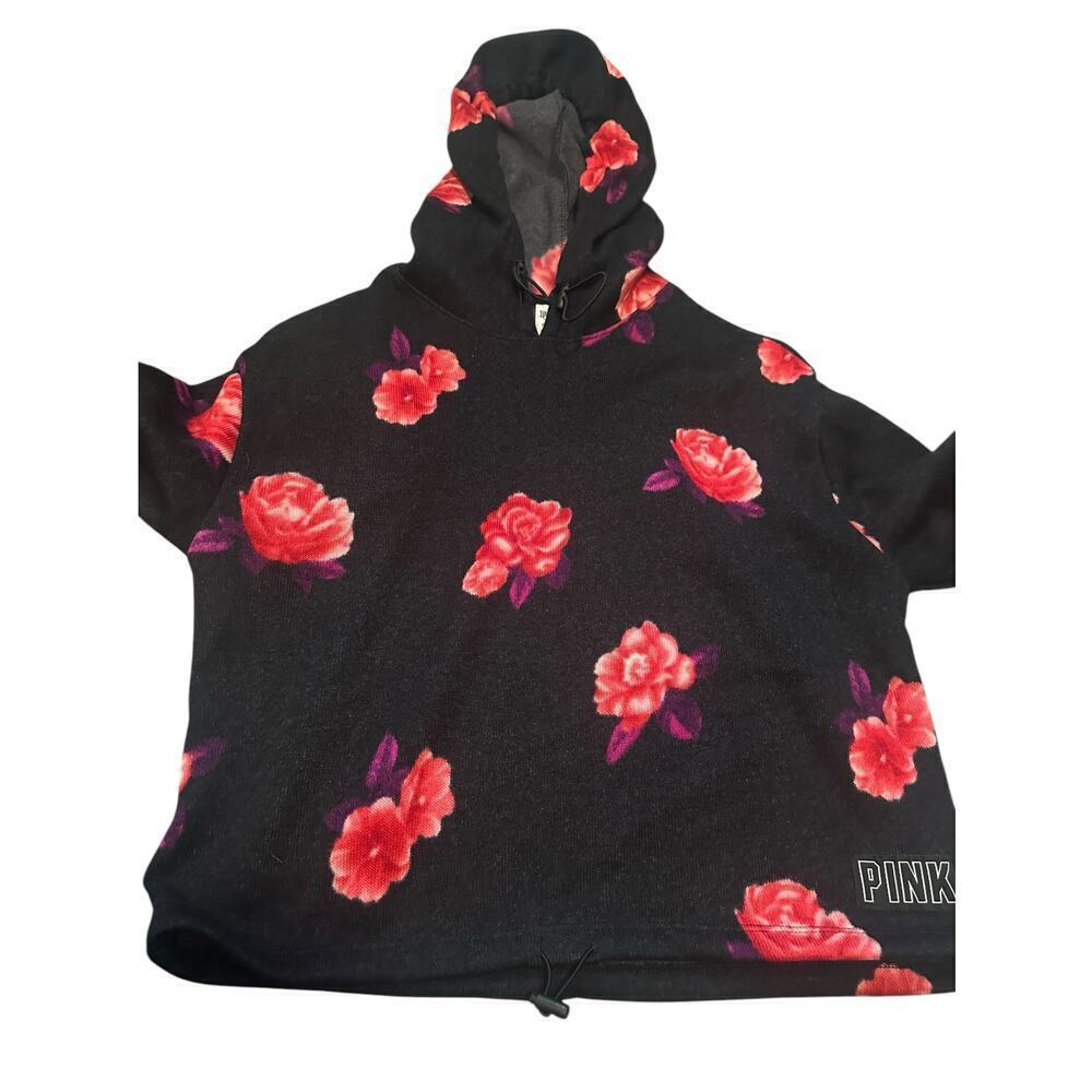 Vs Victorias Secret PINK SWEATER KNIT PULLOVER HOODIE TOP PURE BLACK FLORAL XS - Picture 2 of 6